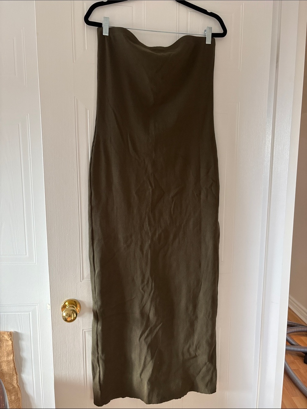 Simons Twik Ribbed Strapless Maxi in Olive